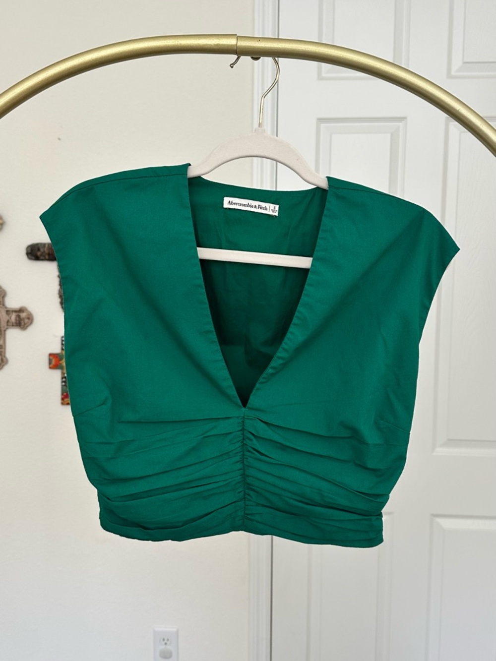 Abercrombie & Fitch Deep V Emerald Green Ruched Crop Top